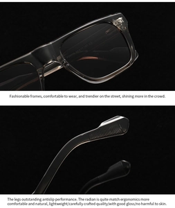 Detail of transparent gray frame with model P26029 and anti-slip temple texture