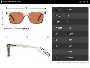 Detailed size chart for polarized sunglasses showing dimensions in mm for a perfect fit