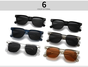 Detailed display of six colorful polarized sunglasses with decorative metal arrow rivets