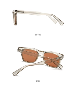 Detailed side and back views of gray polarized sunglasses with amber lenses and product specs