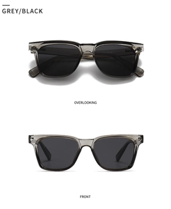Front and top view of transparent grey polygonal sunglasses with polarized black lenses
