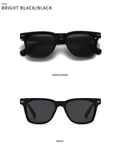 Detailed front and overlooking views of classic black polarized sunglasses with metal rivets