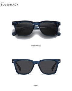 Front and top views of classic blue translucent square polarized sunglasses for men and women
