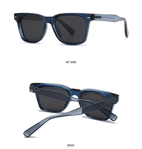 Dual view of blue polarized sunglasses with 45-degree side angle and folded back detail