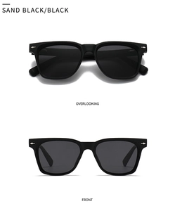 Detailed views of sand black polarized sunglasses with metallic rivets and black lenses