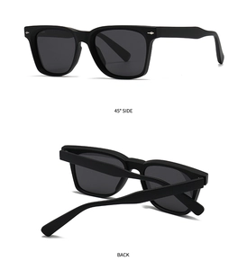 Detail view of black polarized sunglasses showing 45-degree side and back profile angles
