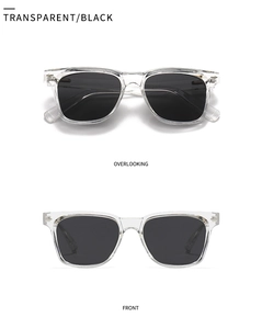 Overlooking and front view of transparent frame sunglasses with black polarized lenses