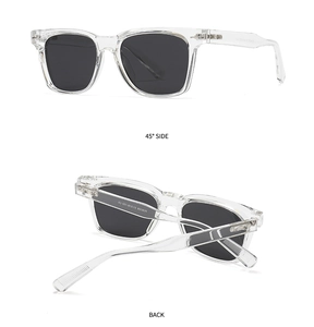 Detailed 45-degree side and back view of modern transparent square frame polarized sunglasses