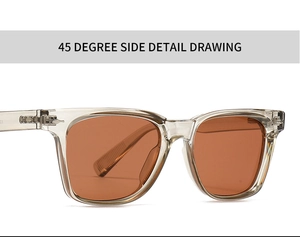 Detailed 45-degree side view showing hinge craft of grey polarized polygon sunglasses