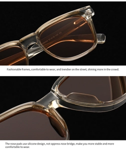 Macro shot of stylish champagne sunglasses showing the model specs and silicone nose pads