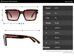 Detailed size specifications for square frame sunglasses with model measurements