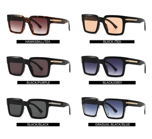 Matrix display of square sunglasses showing multiple lens colors and gold temple details