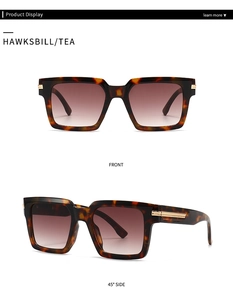 Front and 45-degree side view of oversized square tortoiseshell sunglasses with gold trim