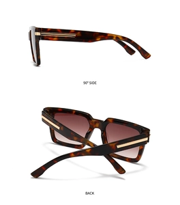 Side and back views of tortoise square sunglasses featuring gold metal temple accents