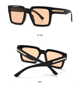 Detailed views of square frame sunglasses with gold temple accents and tinted lenses