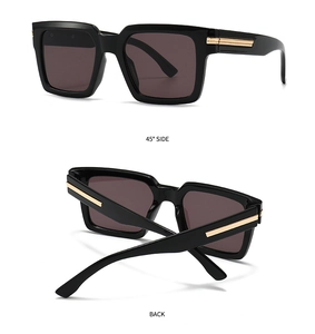 Fashionable square sunglasses with gold metal accents showing side and back perspectives