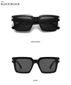 Front and top view of matte black square oversized sunglasses with silver metal accents