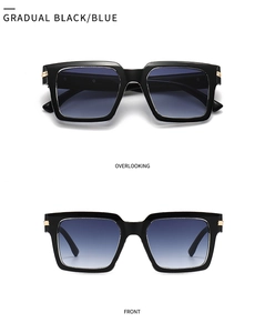 Detail of square sunglasses with black frames and gradient black-blue lenses