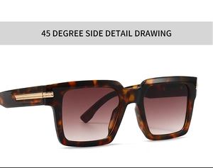 Detail of square tortoiseshell sunglasses with golden metal hinge accents and tinted lenses