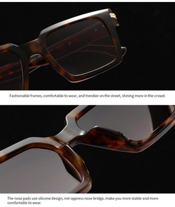 Detail of tortoiseshell square sunglasses featuring gold metal hinge and silicone nose pads