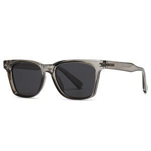 Neutral crystal grey polarized sunglasses with dark grey lenses and polygonal frame