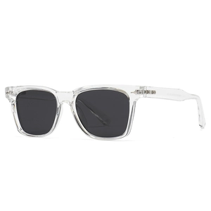 Modern unisex polarized sunglasses with polygon frame and dark grey lenses on white background