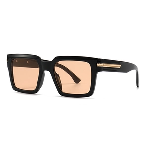 Square fashion sunglasses with black frames, orange lenses and gold temple accents