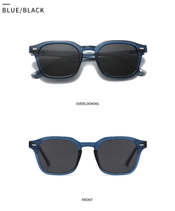 Vorder- und Draufsicht auf blau-transparente quadratische Sonnenbrille mit schwarzen Gläsern