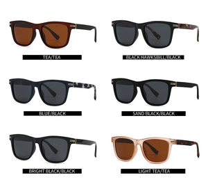 Detail view of square polarized sunglasses frames with metallic accents in six colors