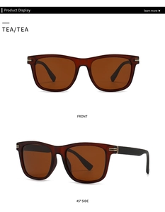 Front and side view of tea-colored square polarized sunglasses with gold metal accents