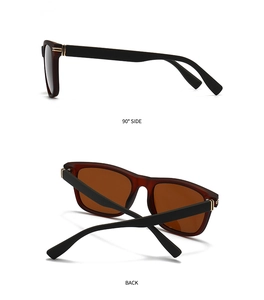 Detailed side and back view of retro square polarized sunglasses with gold metal accents