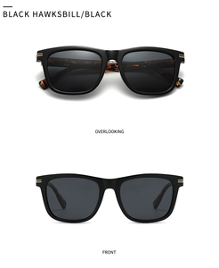 Front and top views of retro square sunglasses featuring black frames and tortoiseshell temples