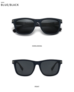 Detailed views of square polarized sunglasses featuring blue black frames and metal accents