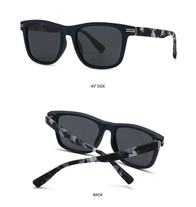 Detail of square polarized sunglasses with matte blue frame and marble textured temples
