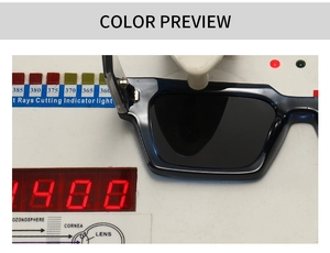 Close-up of polarized sunglasses showing UV400 protection test on professional digital lens meter