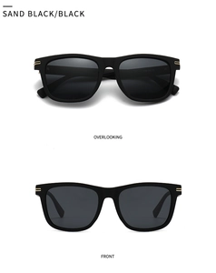 Front and top view of sand black square sunglasses with gold metal temple accents