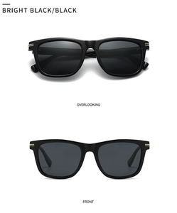 Detail view of black polarized sunglasses with gold hinge metal strip accents