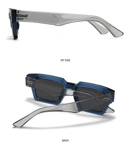 Detail view of rectangular sunglasses with blue frames and gray translucent temples