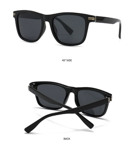 Black square polarized sunglasses with gold metal details shown from side and back views