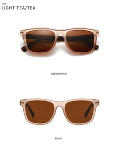 Detailed top and front view of light tea square polarized sunglasses with CE marking