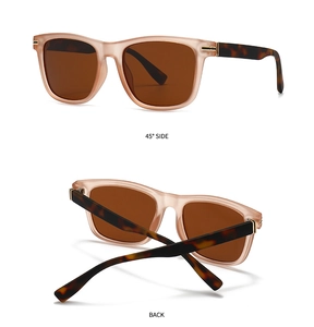 Detail view of square sunglasses with orange frame and tortoiseshell temples from side and back