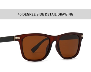 Detailed 45-degree side view of modern retro square polarized sunglasses with gold hinges