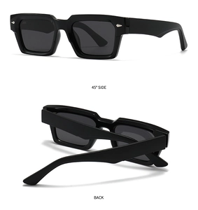 Detail view of black chunky square polarized sunglasses with silver arrow metal accents