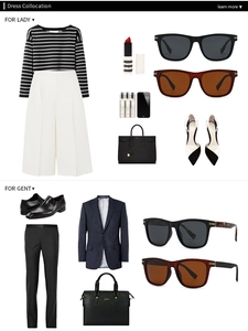 Flat lay of modern square sunglasses paired with stylish men and women fashion outfits