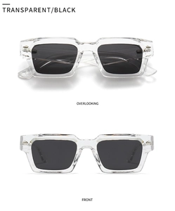 Detail view of transparent rectangular sunglasses with black lenses and metallic rivets