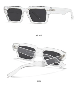 Detailed 45-degree side and back views of polarized polygonal sunglasses with CE marking