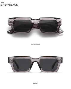 Front and top view of stylish gray black semi-transparent polarized sunglasses with rivets