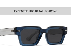 45-degree detail of translucent navy blue rectangle sunglasses with silver arrow rivets