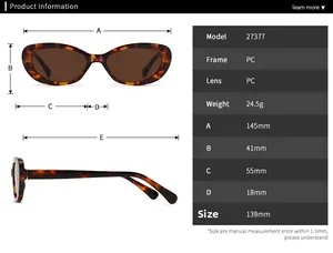 Detailed size chart for retro cat-eye sunglasses with precise frame measurements