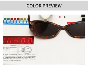 Detail showing UV400 protection test for retro tortoise shell sunglasses with dark lenses